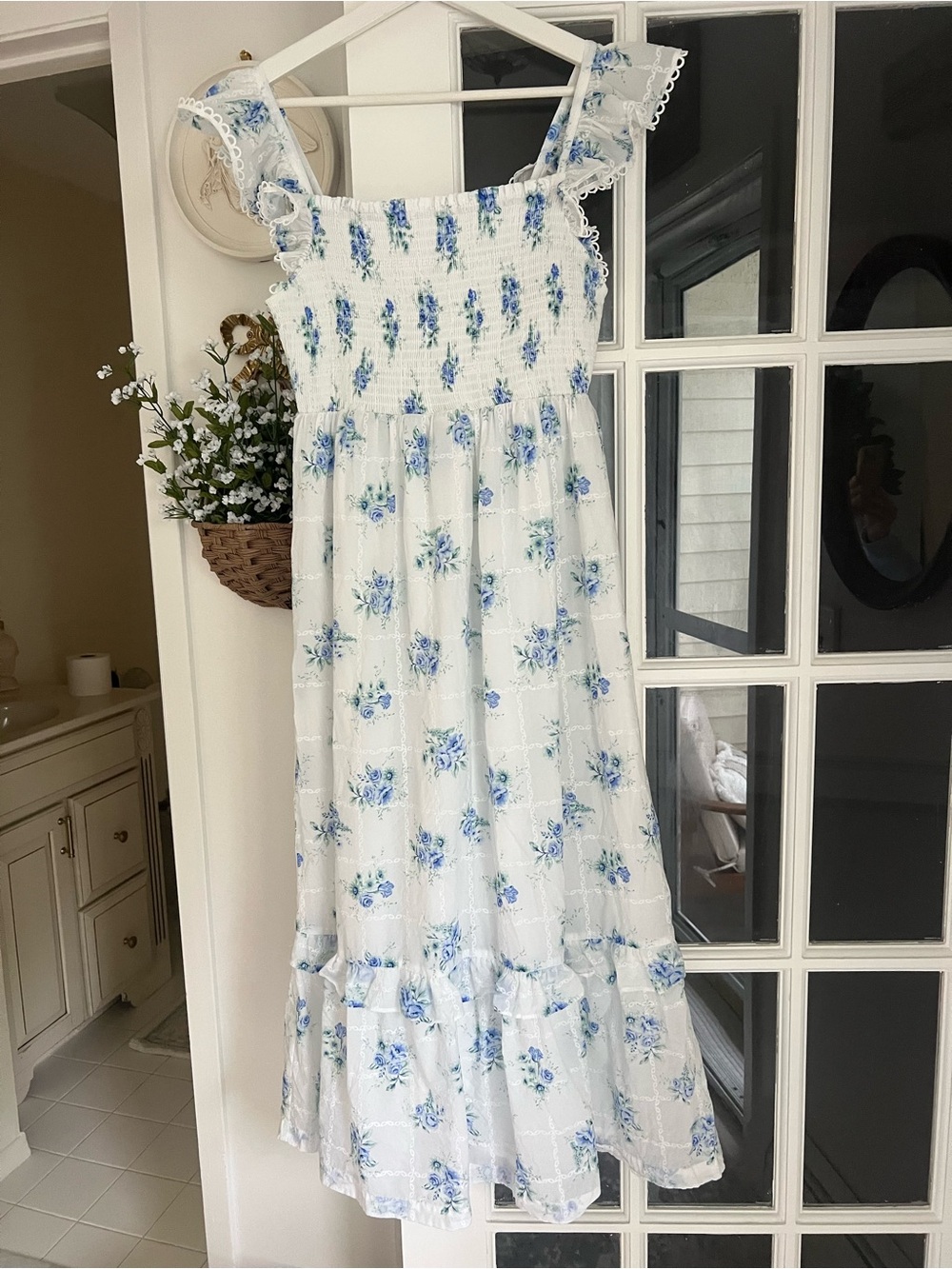 Shabby Chic White Maxi Dress with Blue Floral Print
